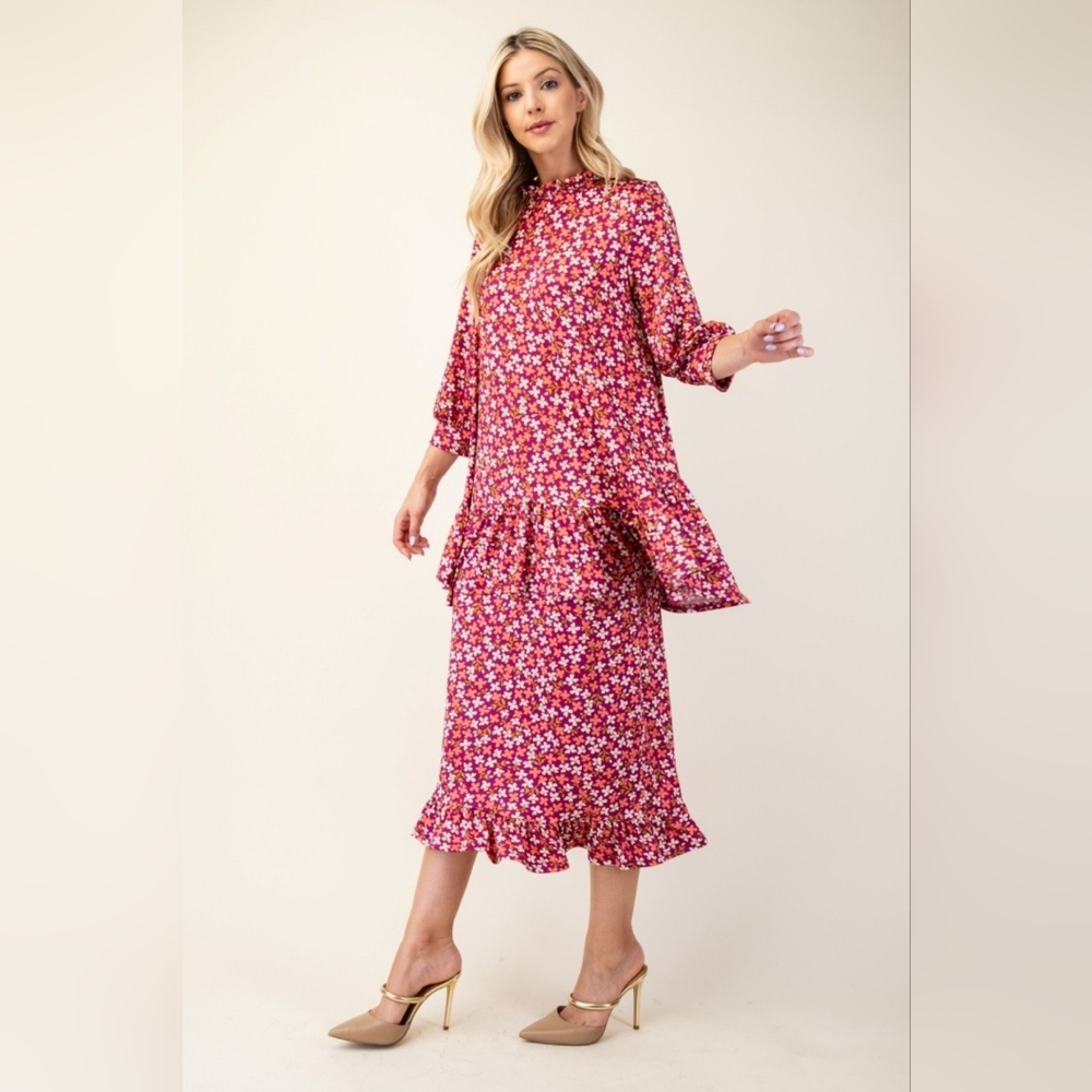 Celeste Full Size Pink Floral Ruffled Top and Midi Skirt Set